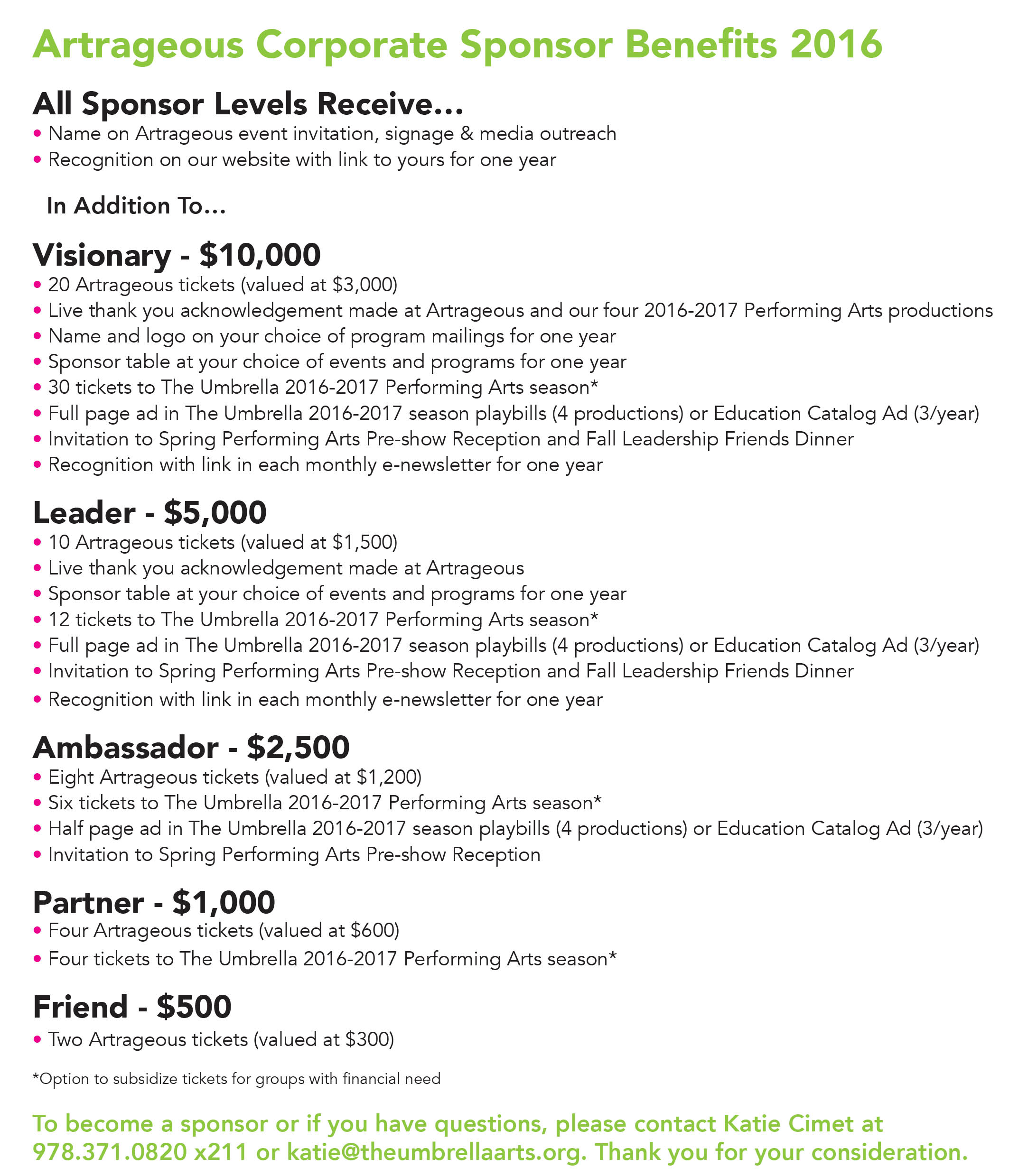 a Corporate Sponsor! The Umbrella Arts Center